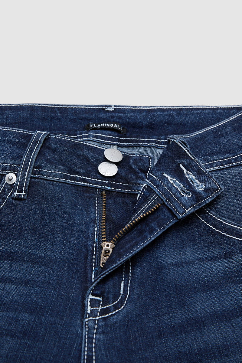 Ripped Roll Hem Dual Button Mid Rise Capri Skinny Jeans
