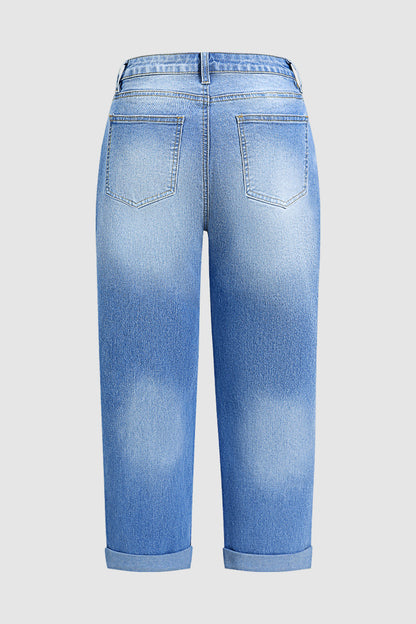 Wash Ripped Roll Hem Button Fly Mid Rise Straight Leg Crop Jeans
