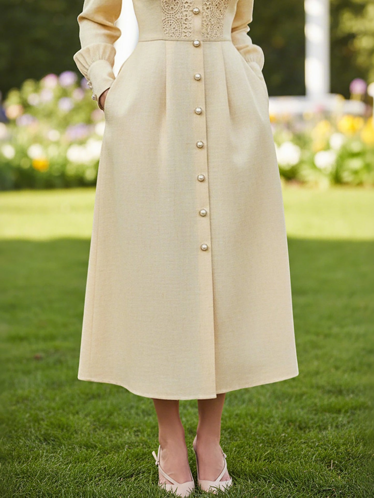 Robe Midi en Coton, Manches Longues, Col Montant, Unie, Dentelle, Vintage Français, Beige