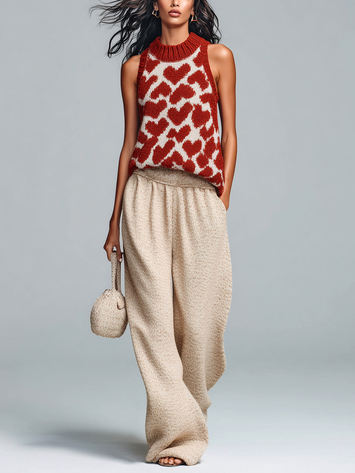 Chic Casual Red-Beige Jacquard Round Neck Sleeveless Loose-Fit Vest Wide-Leg Pants Knit Two-Piece Set