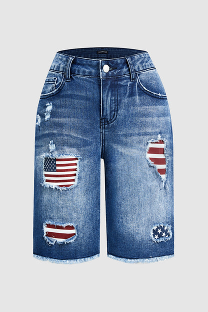 American Flag Patched Ripped Raw Hem Mid Rise Denim Bermuda Shorts