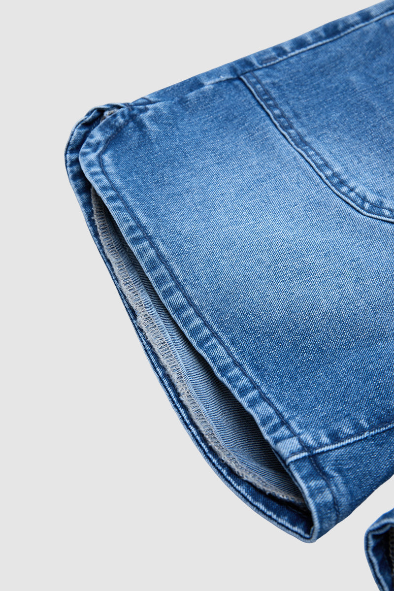 Wash Patch Pocket Split Hem Mid Rise Mid Thigh Denim Shorts