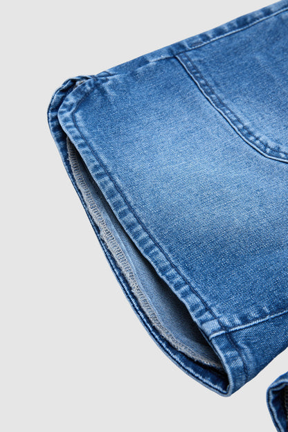 Wash Patch Pocket Split Hem Mid Rise Mid Thigh Denim Shorts