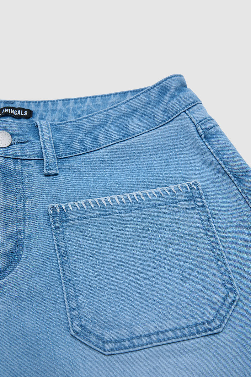 Wash Contrast Stitch Patch Pocket Mid Rise Barrel Leg Crop Jeans Without Belt