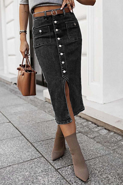 Wash Split Hem Button Up Midi Denim Skirt Without Belt