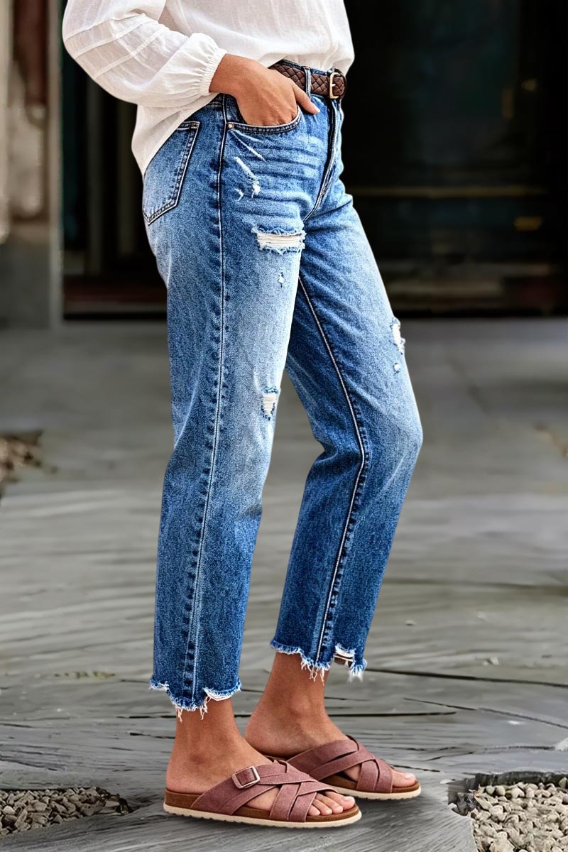 Wash Ripped Raw Hem Mid Rise Straight Leg Crop Jeans Without Belt