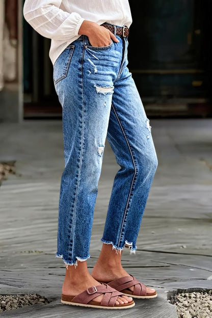 Wash Ripped Raw Hem Mid Rise Straight Leg Crop Jeans Without Belt