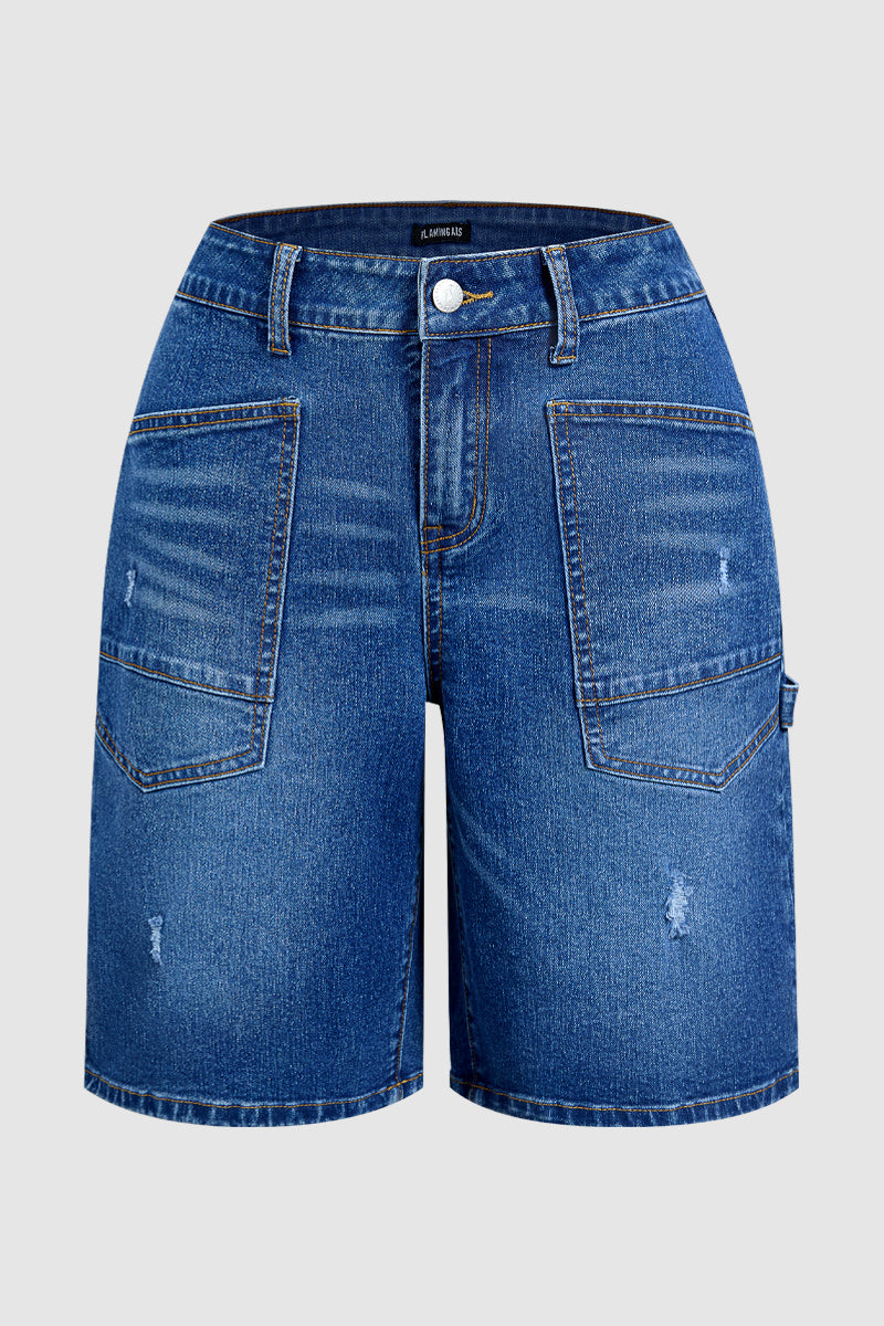 Wash Ripped Patch Pocket High Rise Denim Bermuda Shorts