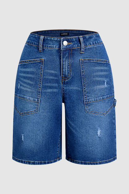 Wash Ripped Patch Pocket High Rise Denim Bermuda Shorts