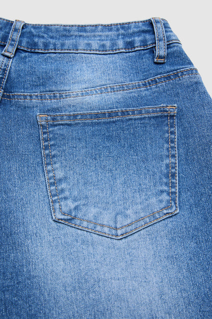 Wash Seam Front Mid Rise Straight Leg Jeans Without Belt
