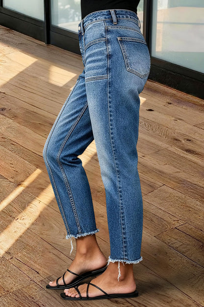 Wash Raw Hem Stitch Detail Mid Waist Straight Leg Cropped Jeans