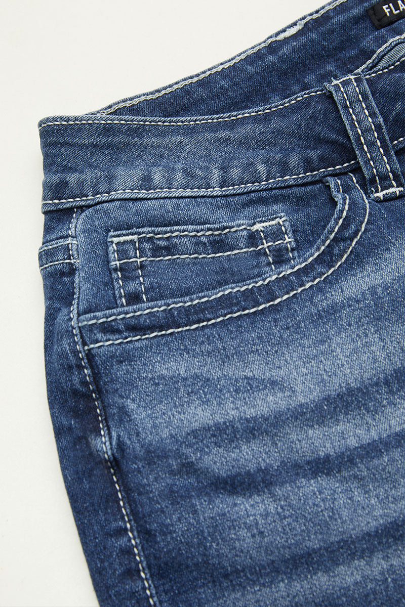 Wash Mid Waist Buttoned Hem Bootcut Jeans Without Belt