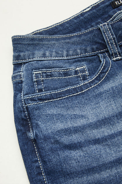 Wash Mid Waist Buttoned Hem Bootcut Jeans Without Belt