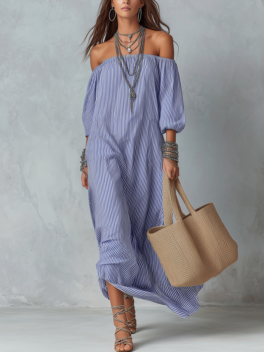 Robe de plage ample rayée bleue et blanche, coupe Bardot