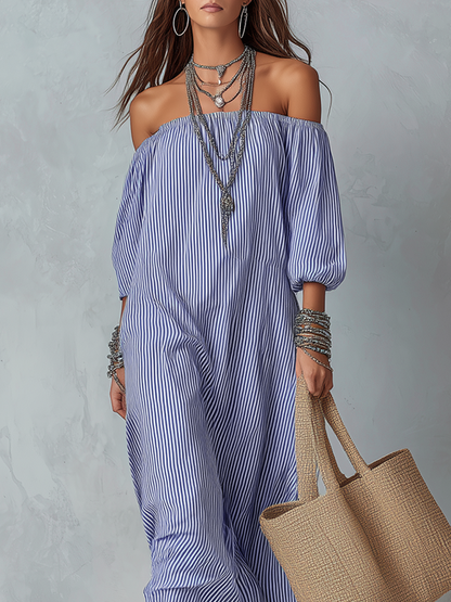 Robe de plage ample rayée bleue et blanche, coupe Bardot