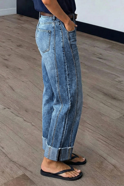 Wash Seam Front Roll Raw Hem Mid Rise Straight Leg Crop Jeans Without Belt