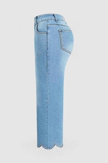 Wash Scallop Hem Mid Waist Straight Leg Crop Jeans