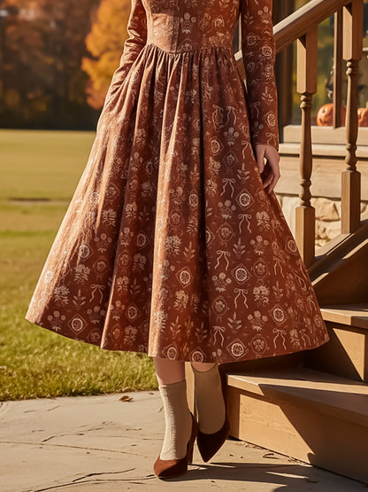 Robe midi en lin, manches longues, col en cœur, motif floral, vintage, couleur caramel