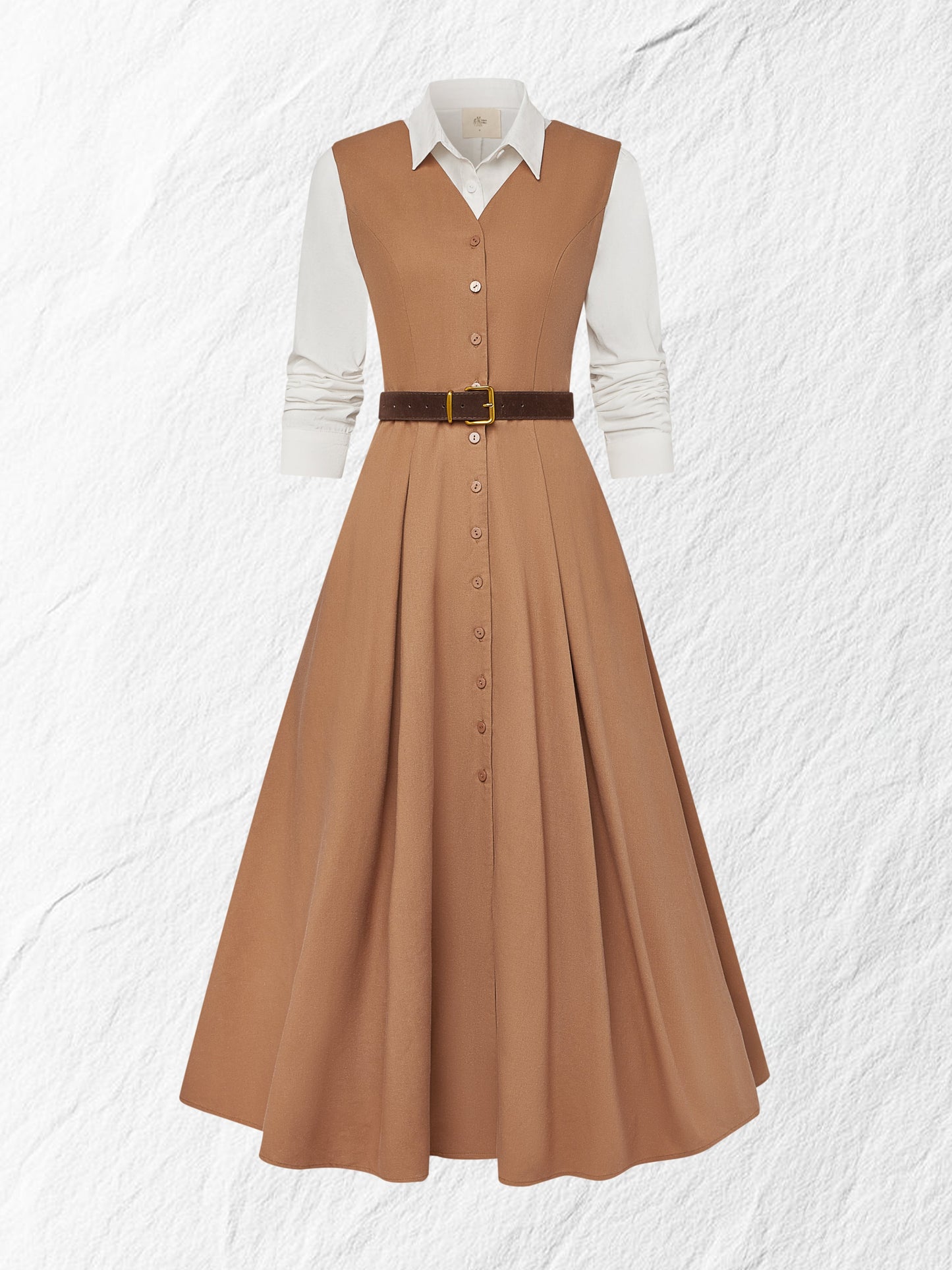 Ensemble Robe Longue Lin & Chemise, Manches Longues, Col Châle, Uni, Boutonné, Vintage Français, Marron Clair