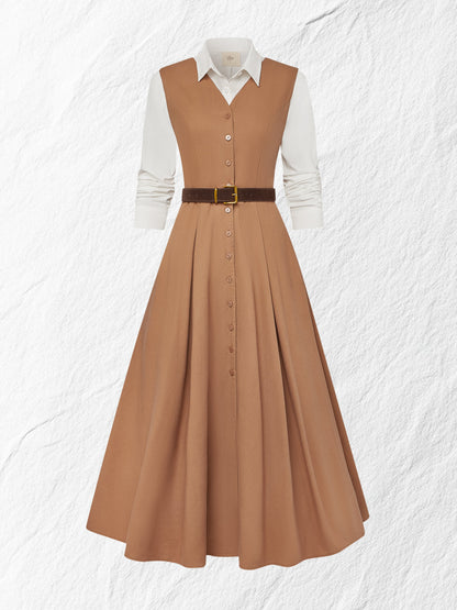 Ensemble Robe Longue Lin & Chemise, Manches Longues, Col Châle, Uni, Boutonné, Vintage Français, Marron Clair