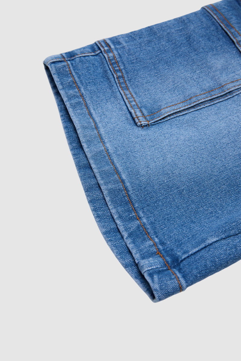 Wash Flap Pocket Drawstring High Rise Mid Thigh Denim Shorts