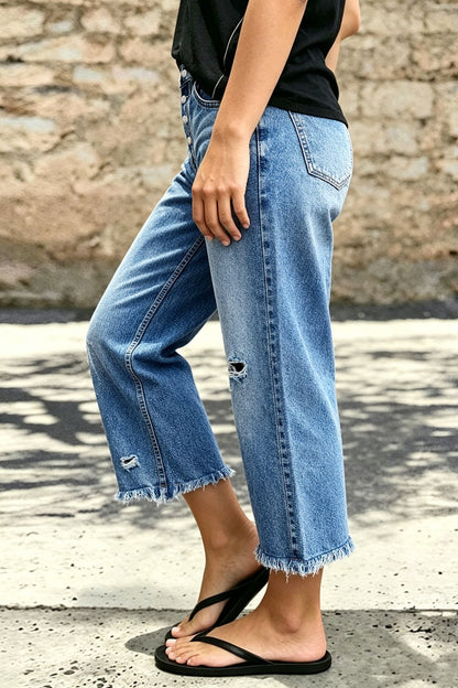 Raw Hem Ripped Button Fly Mid Waist Straight Leg Crop Jeans