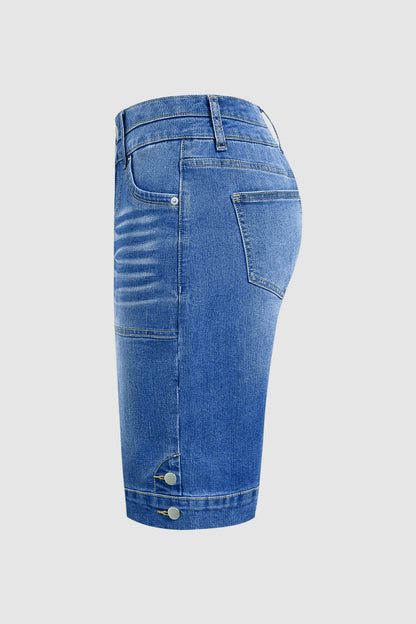 Wash Dual Button Mid Waist Straight Leg Denim Bermuda Shorts