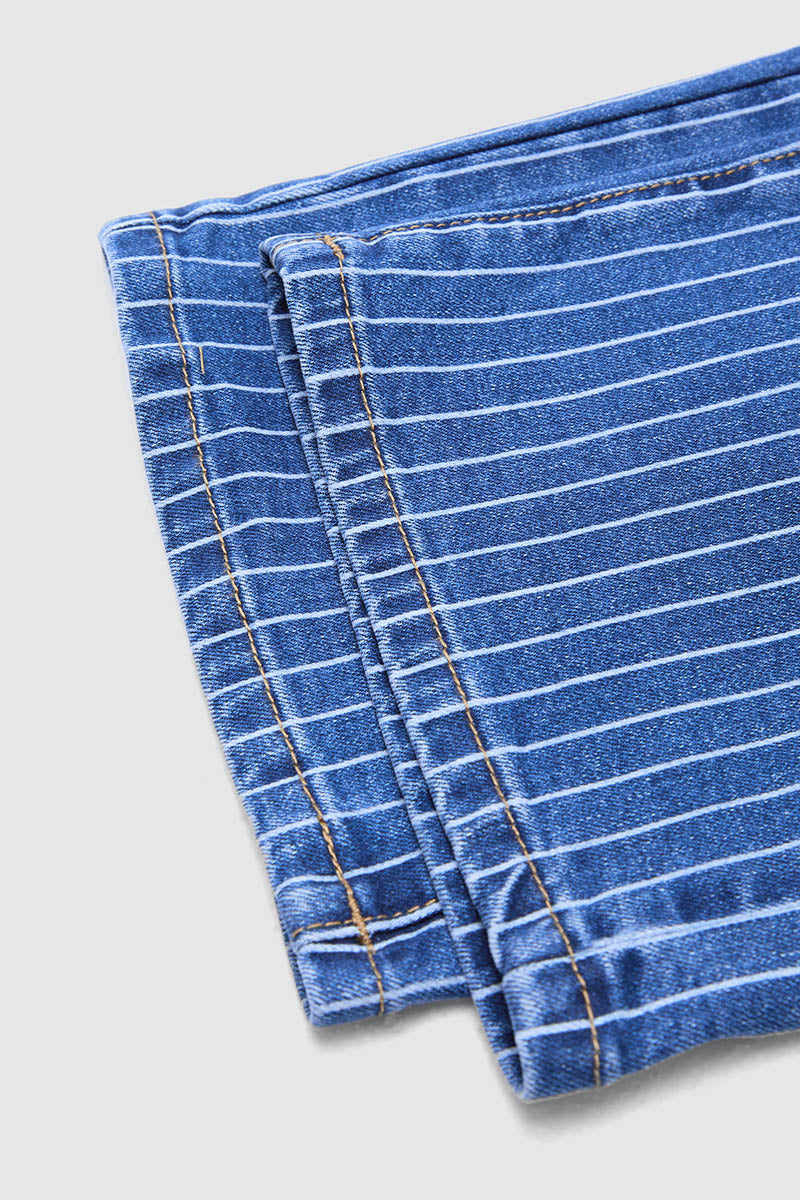 Pinstripe Drawstring Patched Pocket High Waist Straight Leg Crop Jeans