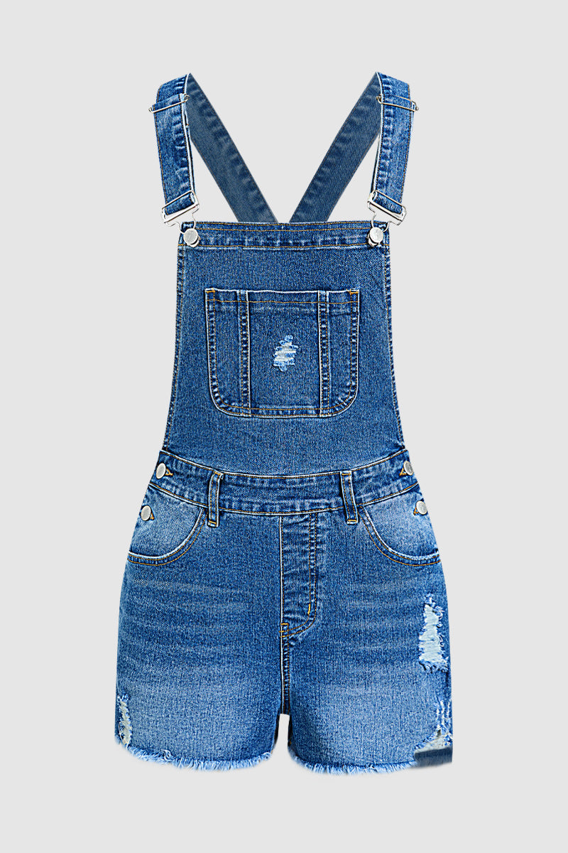 Wash Ripped Raw Hem Patch Pocket Denim Shortalls