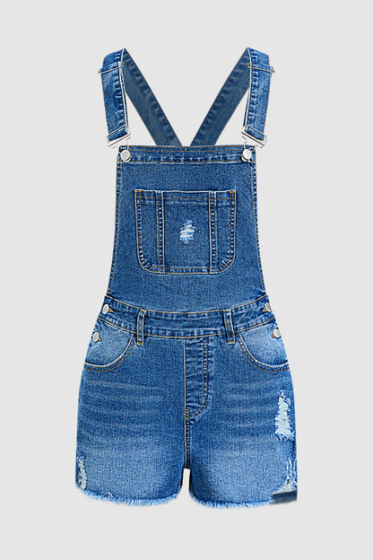 Wash Ripped Raw Hem Patch Pocket Denim Shortalls