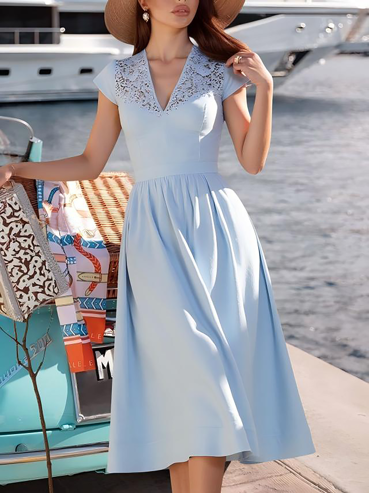 Robe midi en lin, manches courtes, col en V, unie, dentelle, style vintage français, bleue