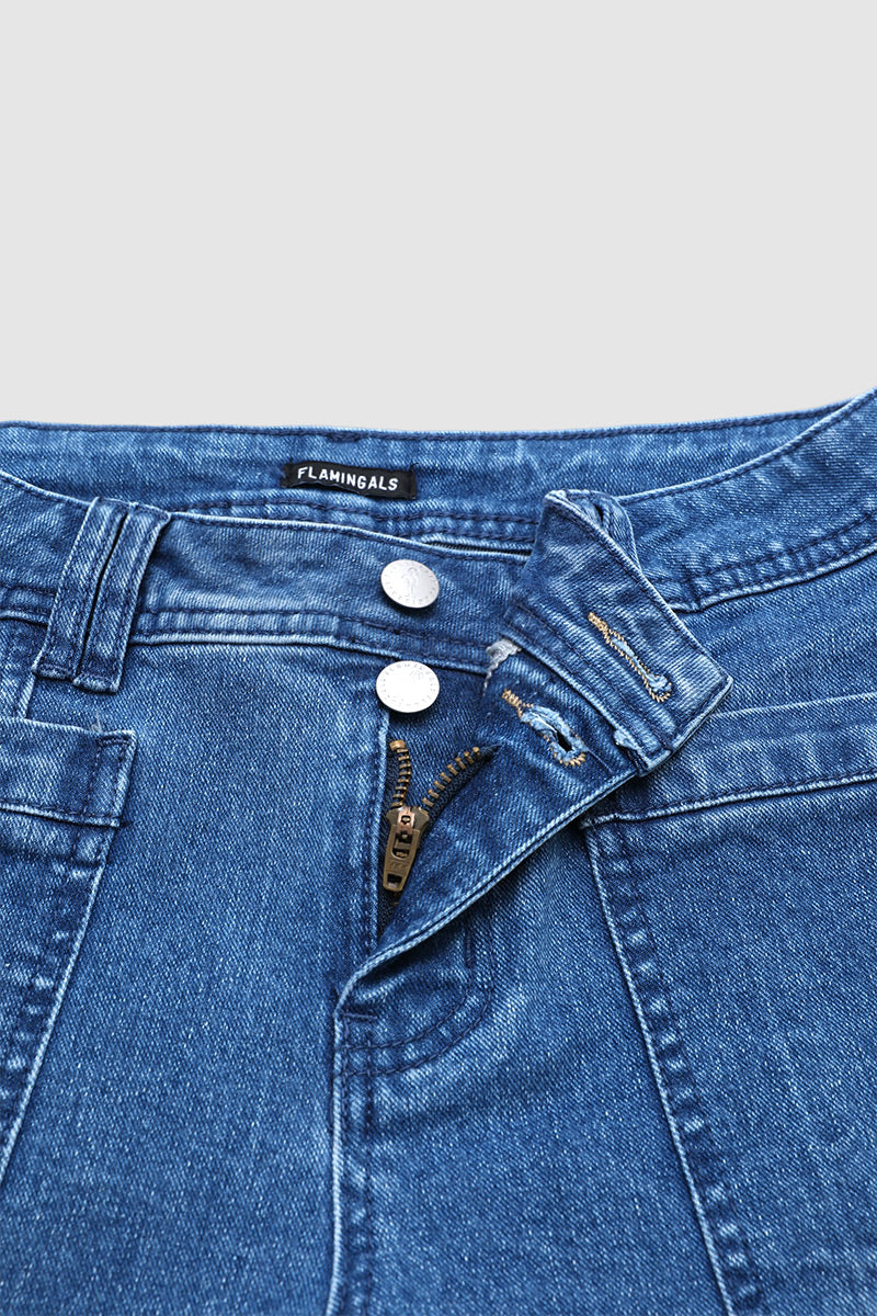Wash Dual Button Stitch Detail Mid Waist Denim Bermuda Shorts
