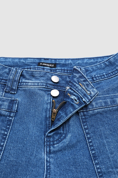 Wash Dual Button Stitch Detail Mid Waist Denim Bermuda Shorts