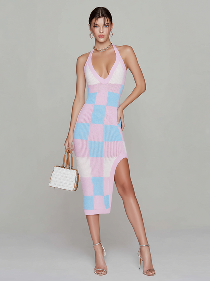 Stylish Elegant Pink-Blue Checkerboard Halter Neck V-Neck Slim-Fit Side Slit Ribbed Knit Midi Dress