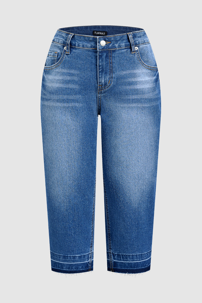 Wash Raw Hem Mid Waist Straight Leg Capri Jeans Without Belt