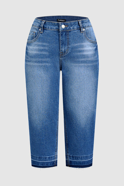 Wash Raw Hem Mid Waist Straight Leg Capri Jeans Without Belt