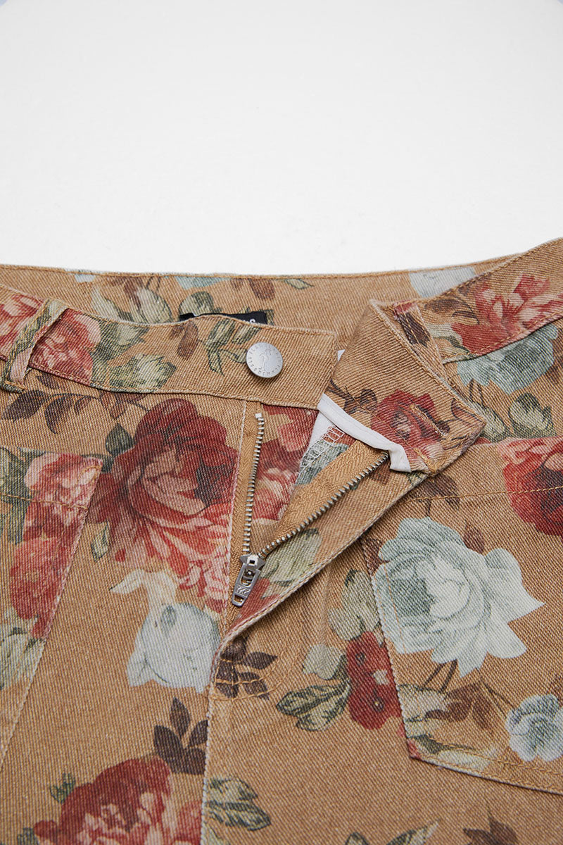 Floral Print Patch Pocket High Rise Straight Leg Pants Without Belt