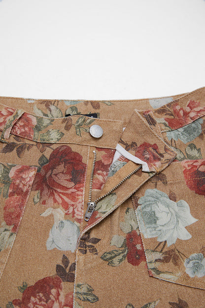 Floral Print Patch Pocket High Rise Straight Leg Pants Without Belt