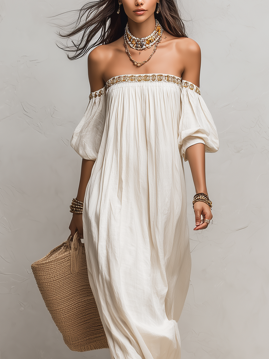 Robe longue plissée ivoire bohème à épaules dénudées