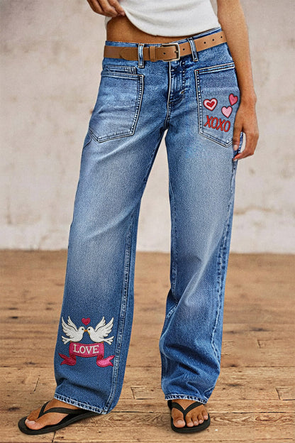 Valentine's Day Pattern Embroidered Patch Pocket Mid Rise Straight Leg Jeans Without Belt