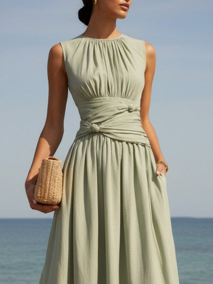 Robe longue en lin, sans manches, col rond, unie, style vintage français, verte