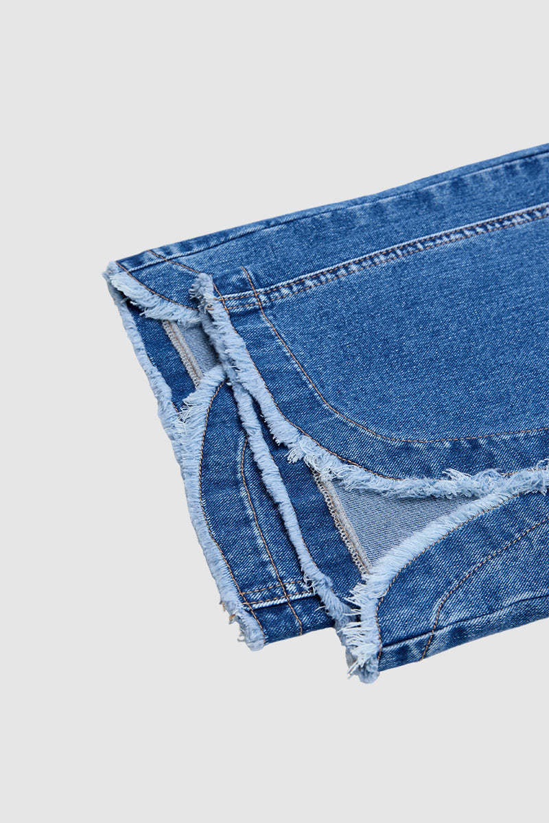 Wash Raw Hem Split Mid Waist Wide Leg Cropped Jeans Without Belt