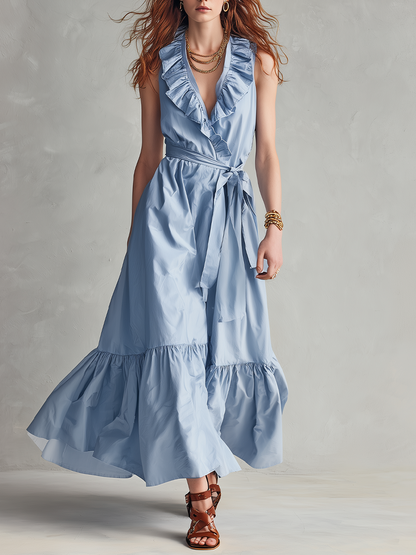 Robe longue portefeuille à volants raffinée