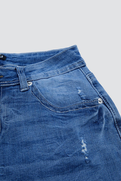 Stripe & Star Embroidery Raw Hem Mid Waist Skinny Capri Jeans
