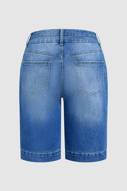 Wash Dual Button Mid Waist Straight Leg Denim Bermuda Shorts