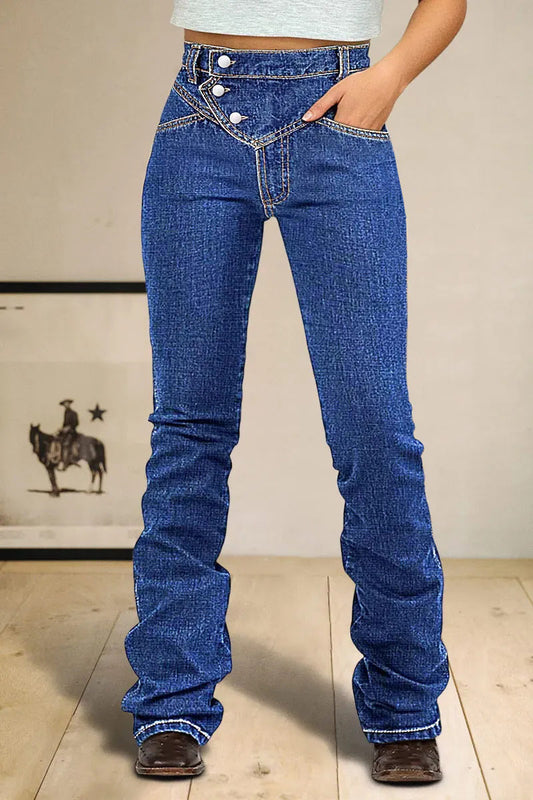 Wash Stitch Detail Button Up High Rise Bootcut Jeans