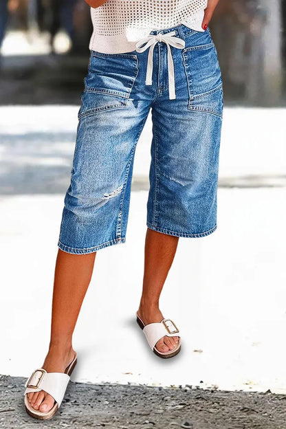Wash Ripped Drawstring Mid Rise Straight Leg Capri Jeans