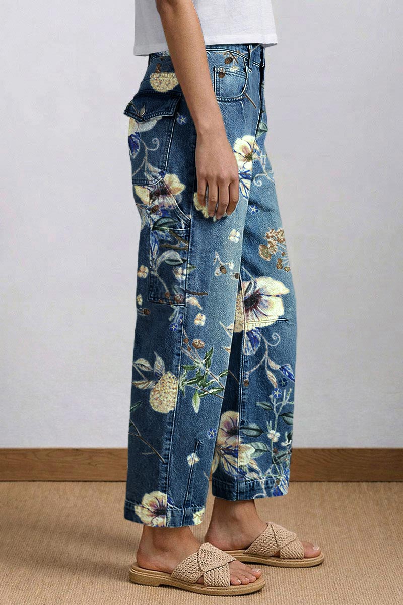 Wash Floral Print Flap Pocket Mid Rise Barrel Leg Crop Jeans