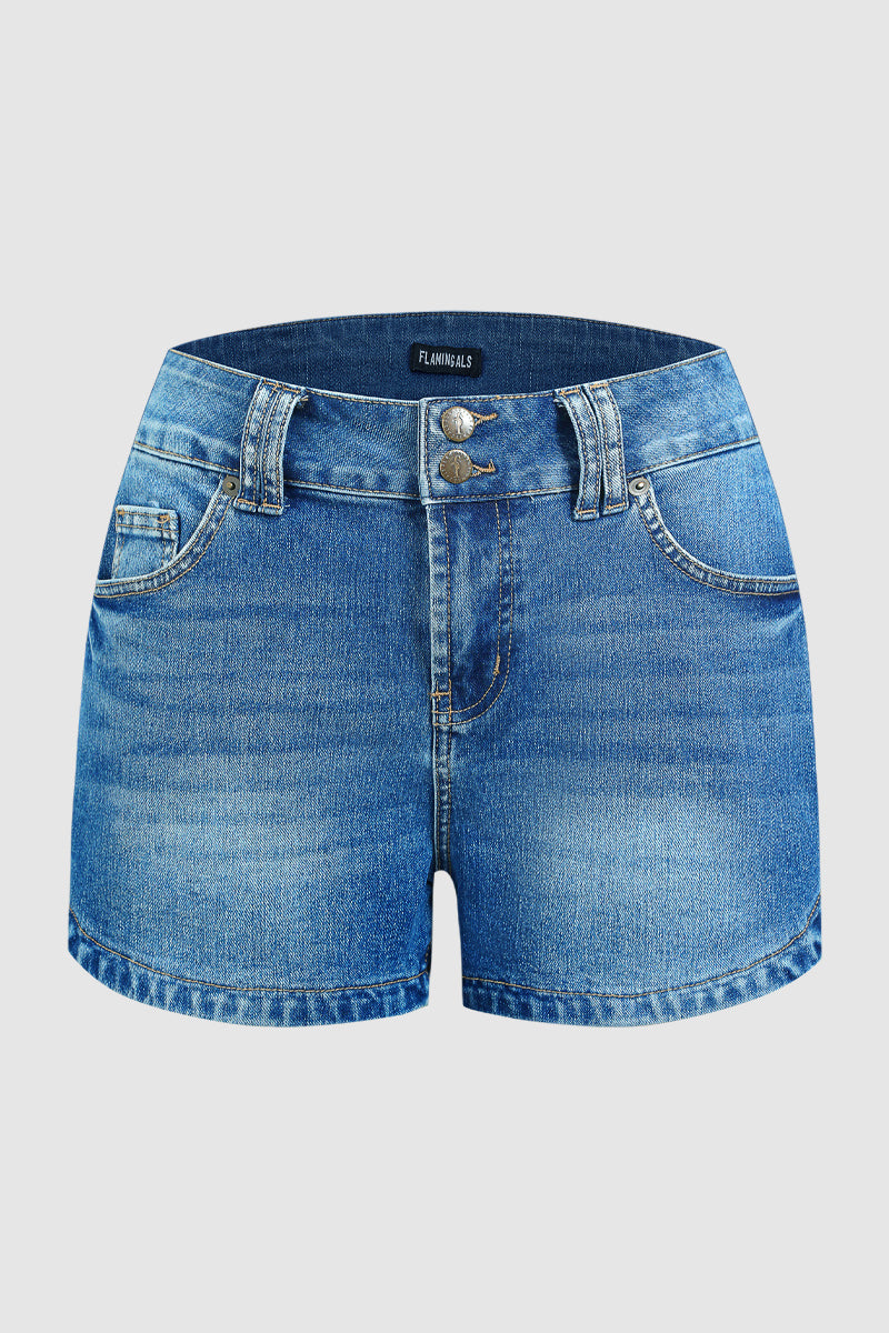 Wash Split Dual Button Mid Waist Denim Shorts