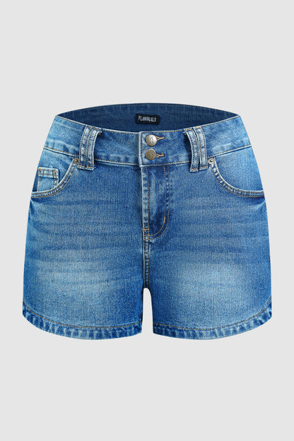 Wash Split Dual Button Mid Waist Denim Shorts